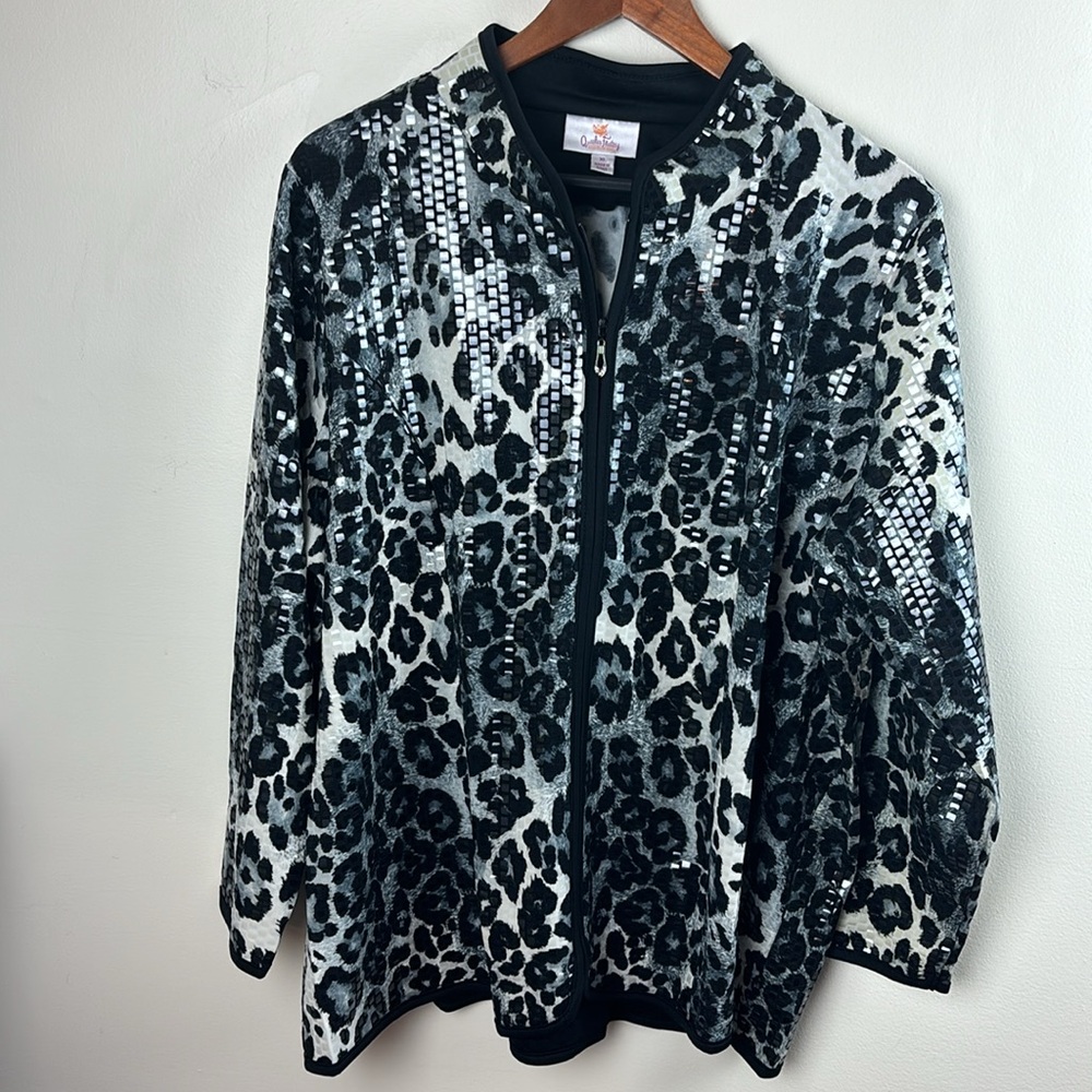 NWOT Quacker Factory Sparkle Shine  Zipper Front Jacket Cheetah Print XL A226198